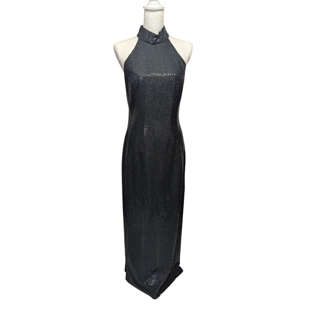 Roberta Vintage Black Sleeveless Sequin Dress Halter Cocktail Evening Sz 13/14